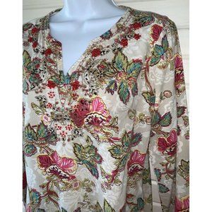 Samantha’s Style Shoppe Sz SMALL 100% Cotton Boho FLORAL Beaded Tunic EUC